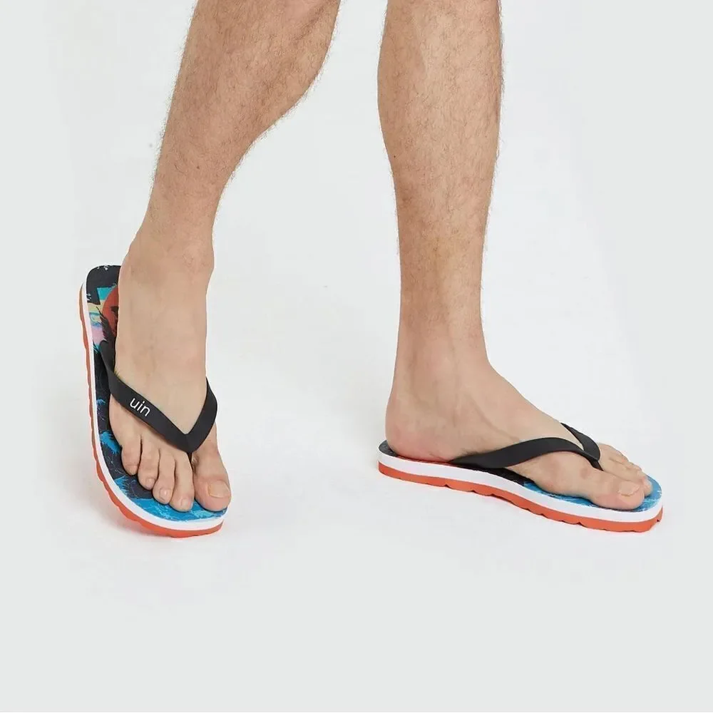UIN Men's Flip Flops Summer Slippers Non Slip (Palm in Sunset 2 Blanes)